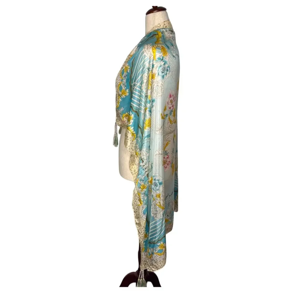 Johnny Was Silk Scarf Tassels Blue Floral Print Square Designer 42x42